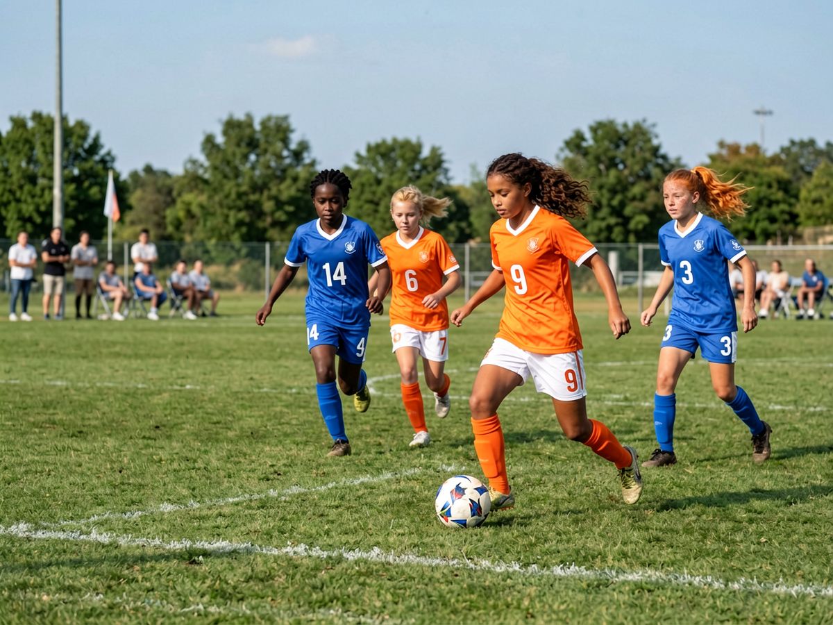 A soccer player in orange runs with the ball, sharp and up close, with three other players chasing.