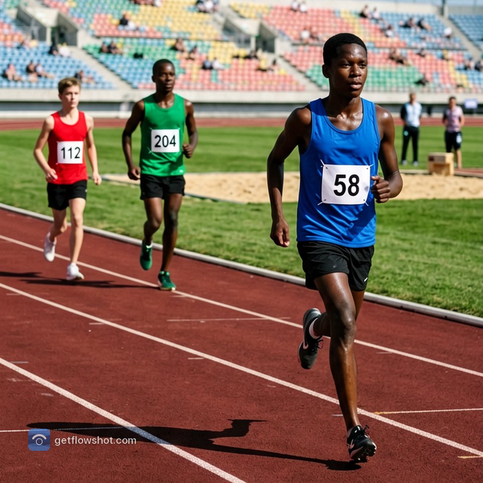 Three runners on a track, with the Flowshot watermark (the app icon and getflowshot.com) in the photo's bottom-left corner.